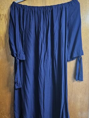 Navy Off-Shoulder Midi Dress with Tie Sleeves